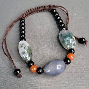 Unisex Fashion Jewelry Beaded Bracelet with 3 Gem Stones Adjustable Cord 6 1/2"